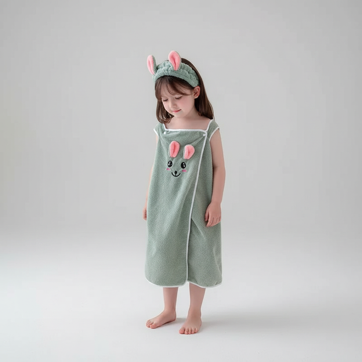 Toddler in a quick-dry hooded animal robe, a junior cozy swim coverup, ideal for post-bath fun