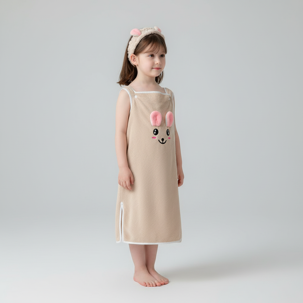 Display of various 'BathFun' children's animal hooded bathrobes, showcasing different cute designs