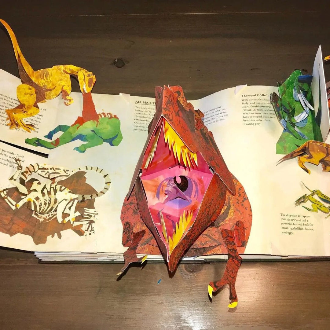 Educational children's dinosaur pop-up book, promoting interactive learning about prehistoric life & STEM.