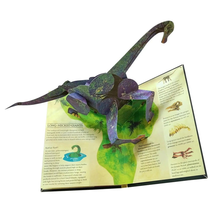 Colorful pages of a pop-up dinosaur book, showcasing detailed 3D prehistoric animals for young readers.