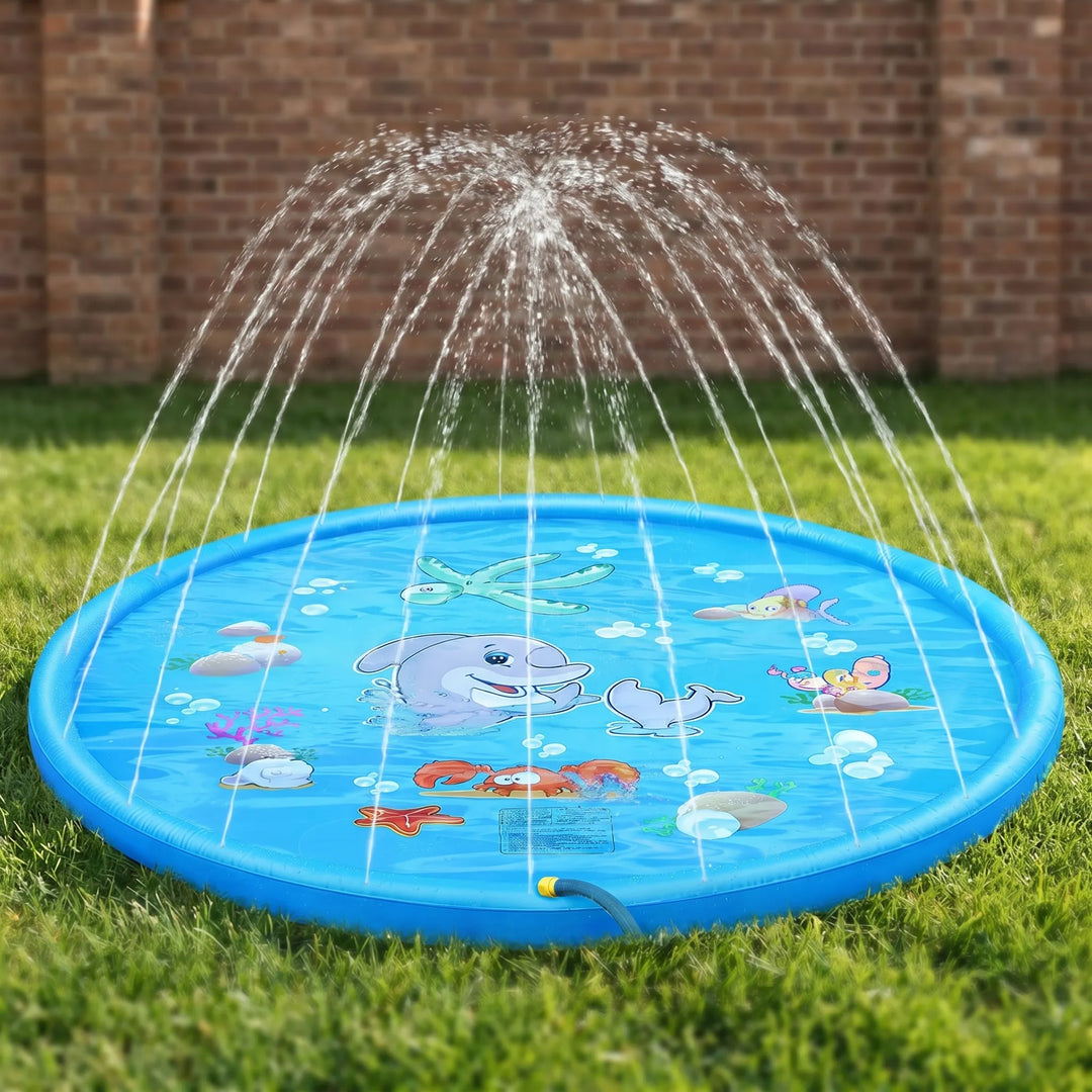Kids' inflatable sprinkler mat providing outdoor water fun & splash pad activity for summer playtime.