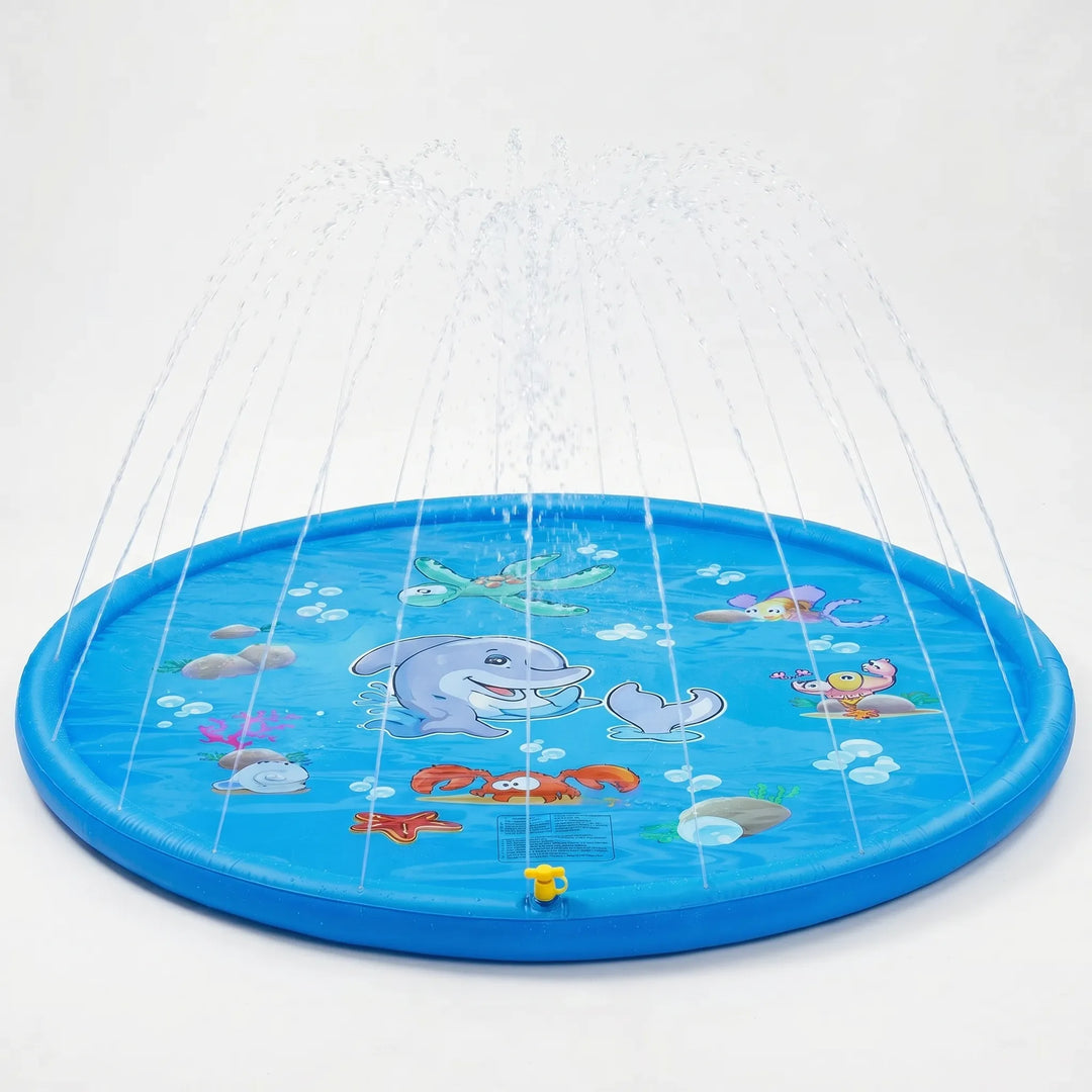Colorful children's splash pad with integrated sprinklers, perfect for backyard water play & summer fun.