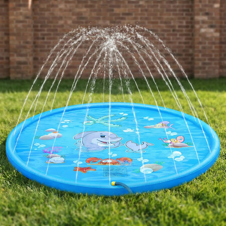 Durable inflatable splash mat creating a safe backyard pool & water play area for kids' summer activities.