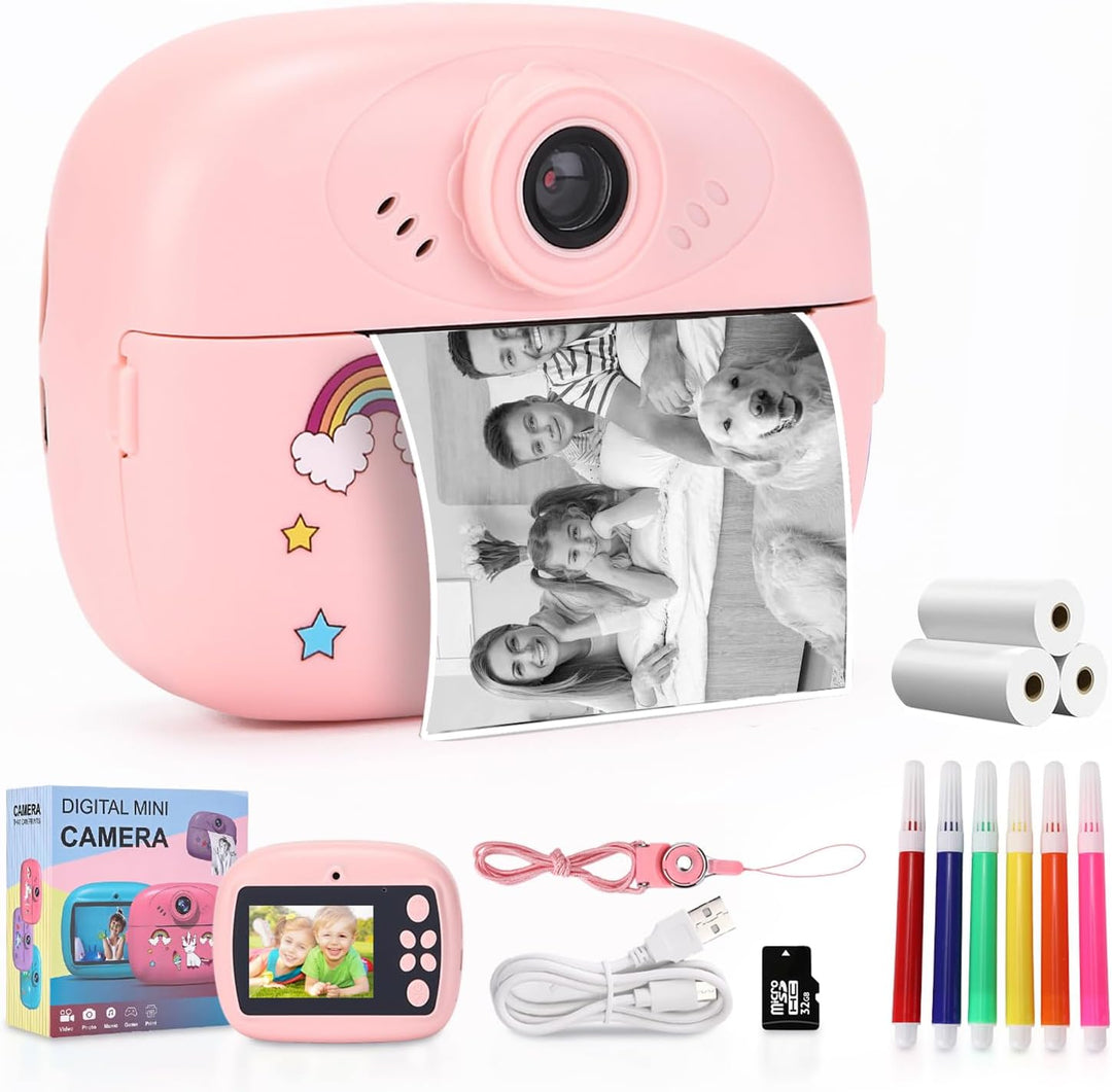 Kids instant print camera with dual lens, HD video, and fun creative kit