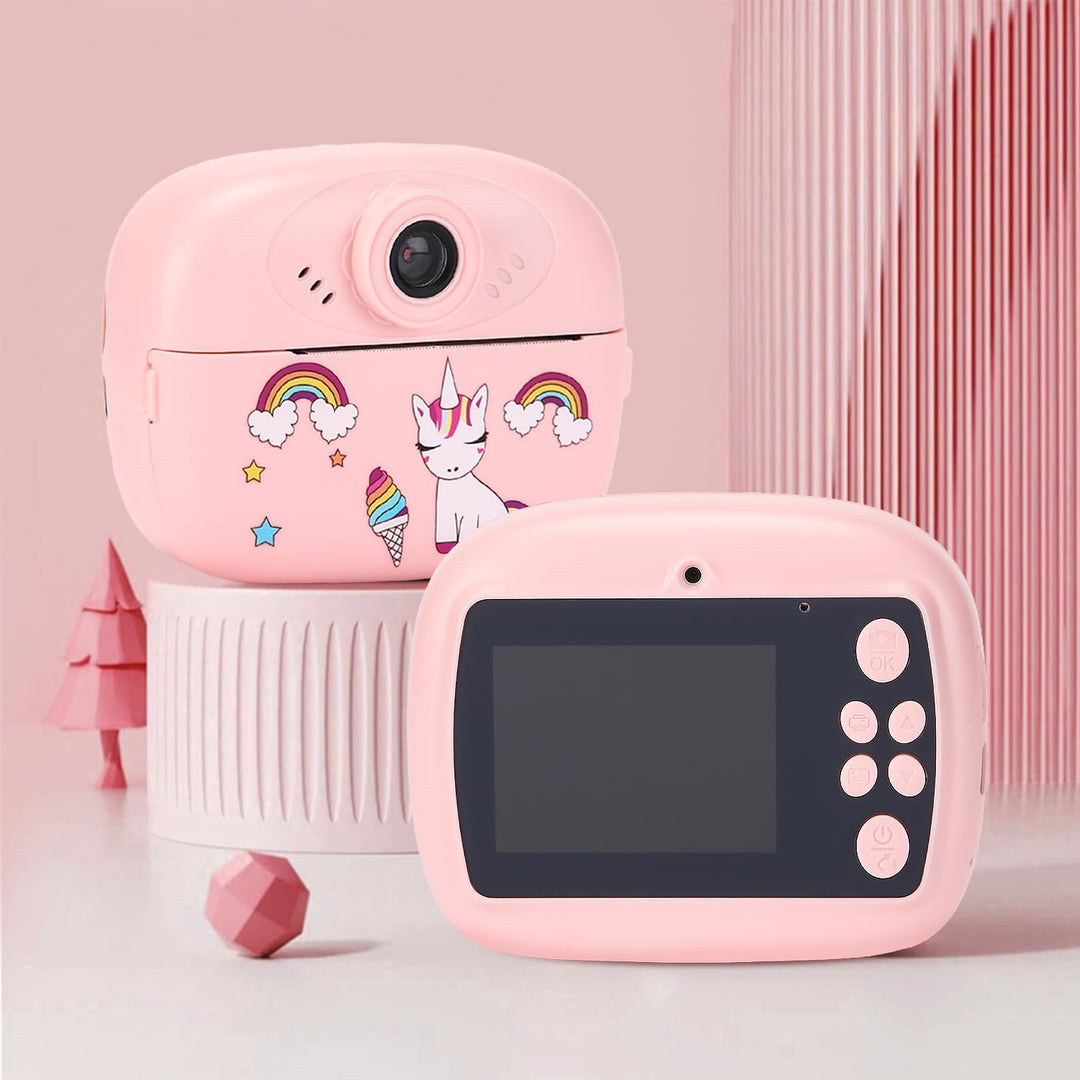 Child holding portable instant print camera, capturing memories with dual lenses