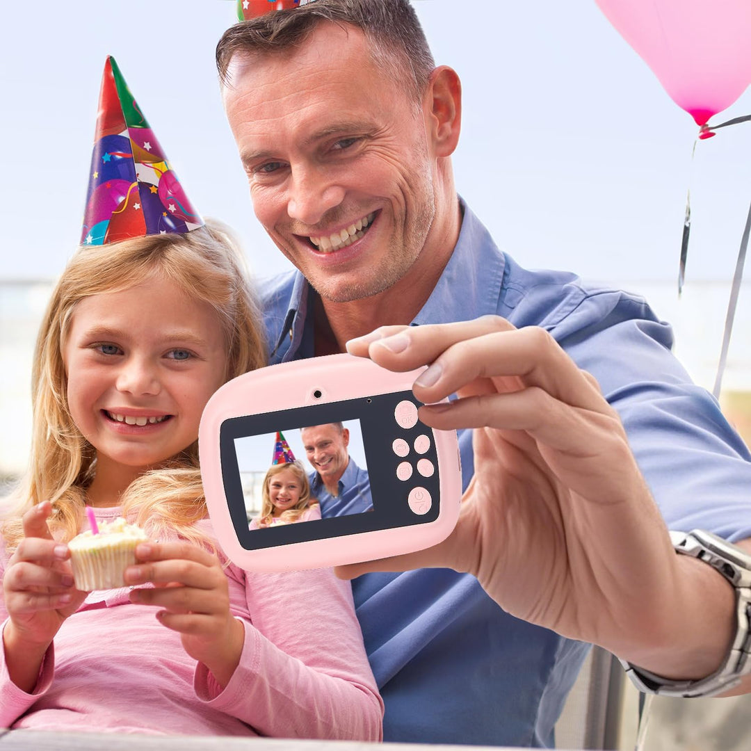 Close-up of kids instant print camera, showing dual lenses and print slot