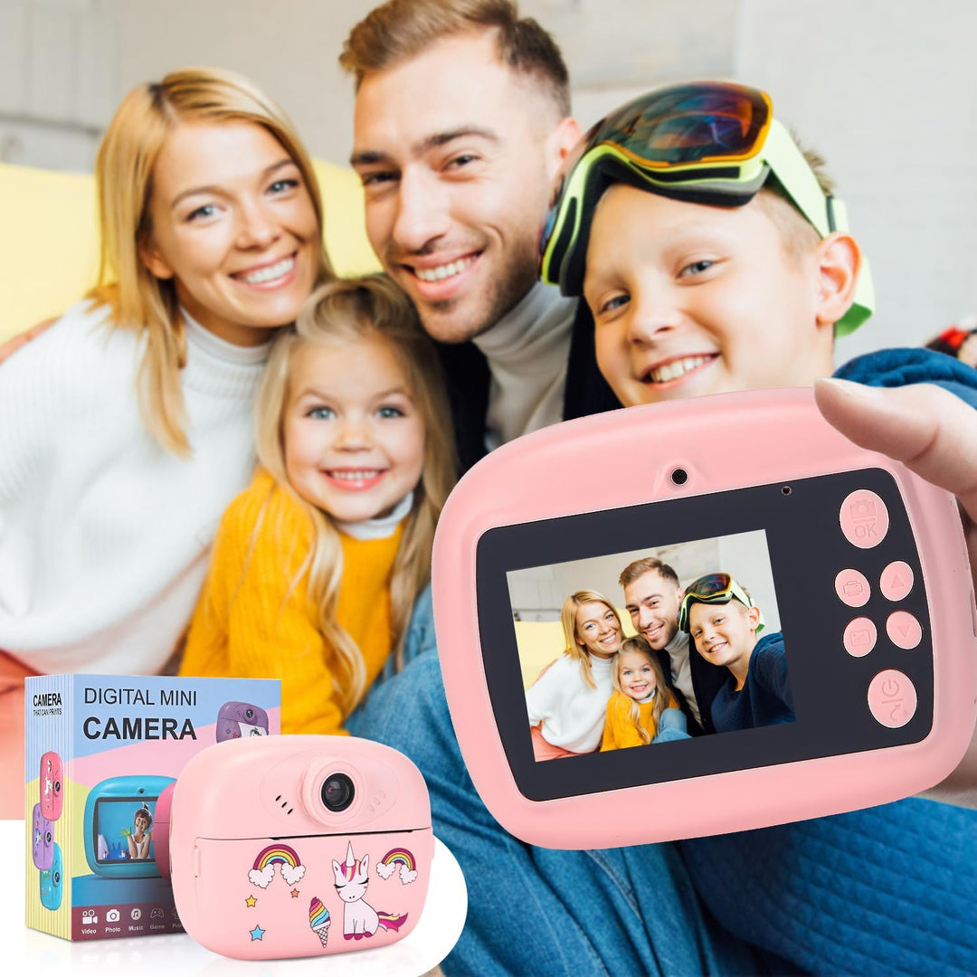 Happy child using instant print camera to take photos, HD video feature highlighted