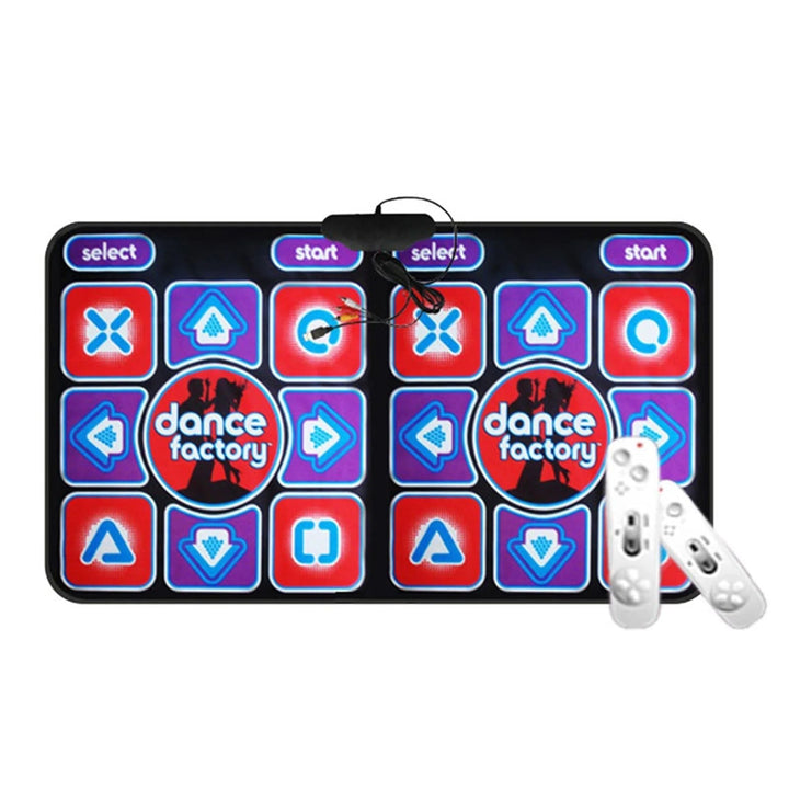 Two kids enjoy an interactive double dance mat. Promotes fitness, coordination, and active fun for families.