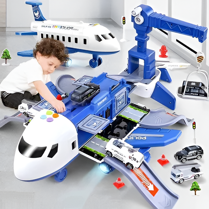 Kids' interactive emergency airplane toy set with multiple rescue vehicles & accessories.