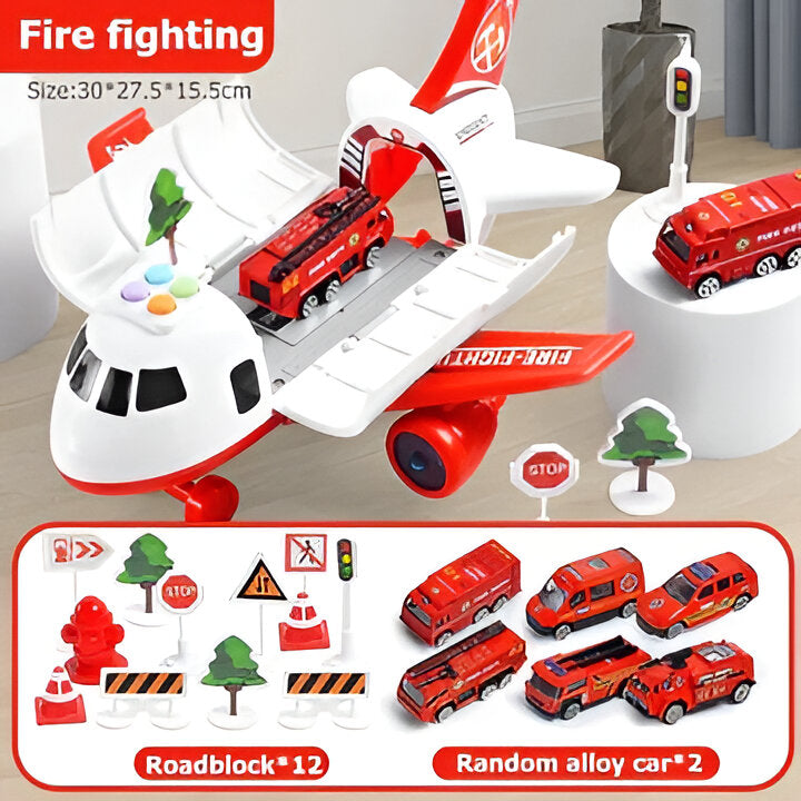 Assorted emergency rescue vehicles: fire truck, ambulance, police car for kids' interactive airplane playset.