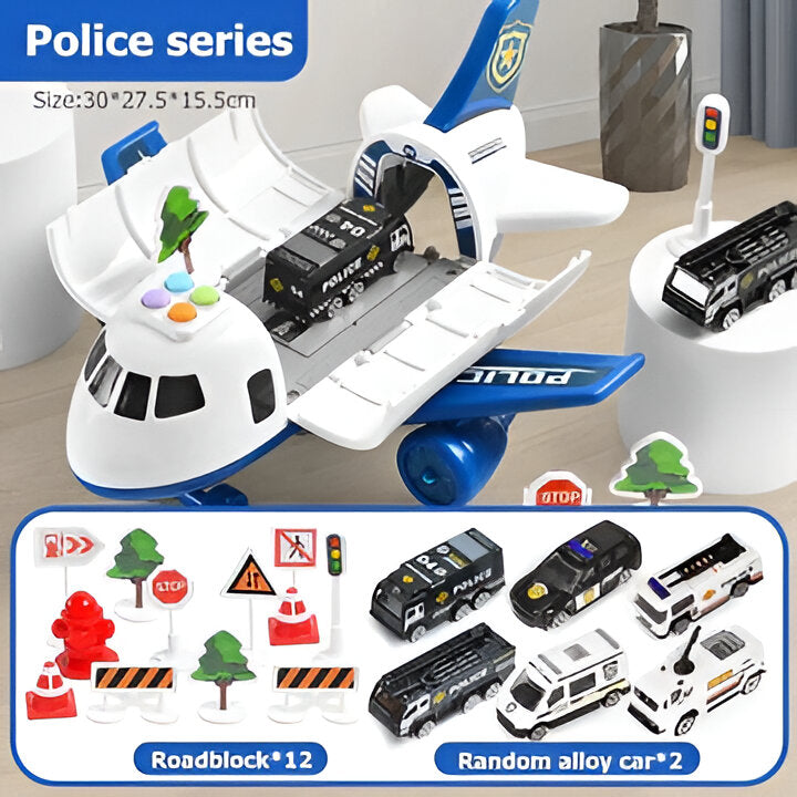 Educational emergency airplane toy set with vehicles, ideal for teaching kids about rescue services & roles.