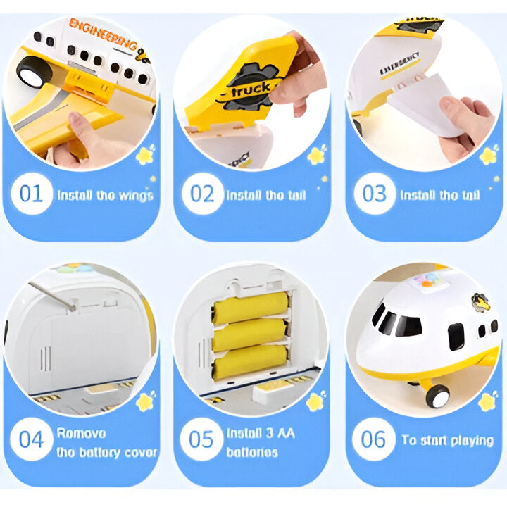 Close-up of interactive emergency airplane toy features: lights, sounds, and integrated vehicle storage.