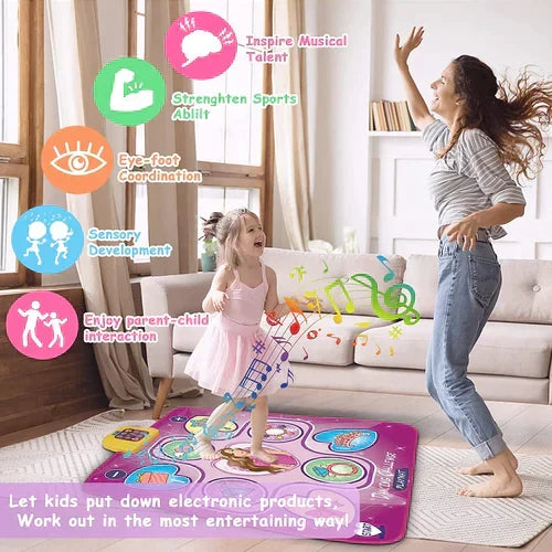 Happy child actively playing on a colorful interactive LED dance mat, having fun and improving coordination.