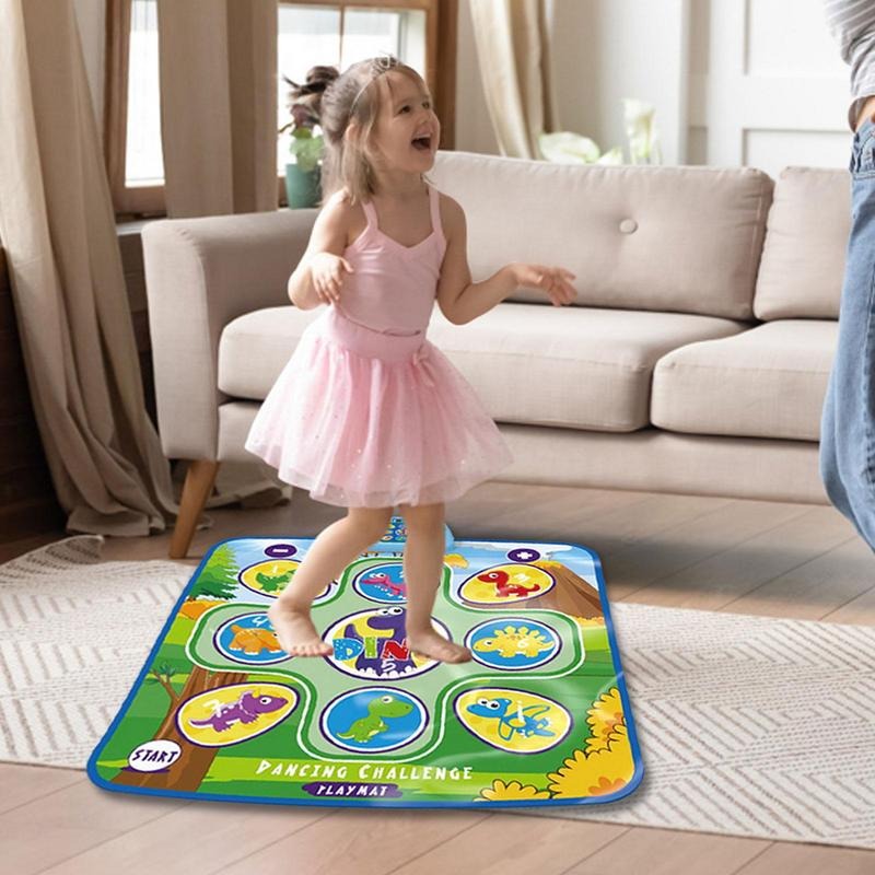 Dino-themed interactive LED dance mat for active kids. Electronic toy enhances rhythm, coordination, and fun.
