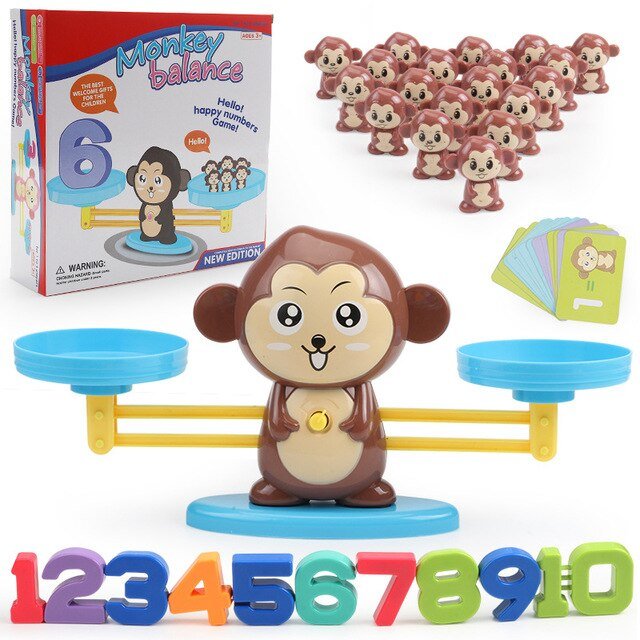 Kids' interactive monkey balance scale for fun math learning & counting numbers, a great preschool educational toy.