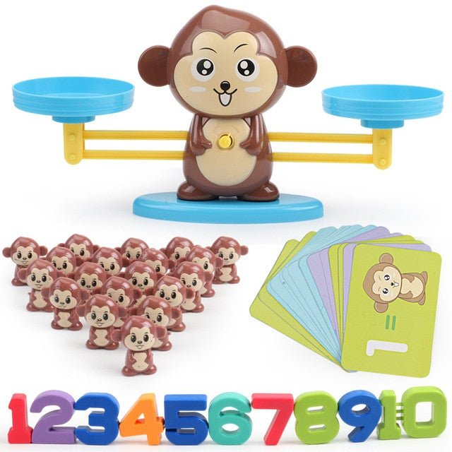 Toddler plays with a monkey balance scale, an early learning educational math toy for counting and number recognition.