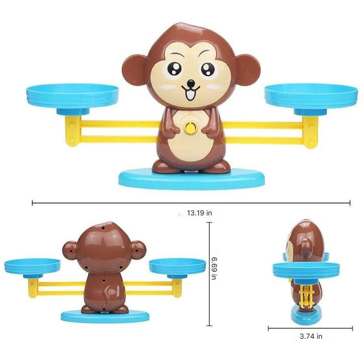 Close-up of Kids' Monkey Balance Scale math game, showing numbers & cute monkeys for educational counting & learning.