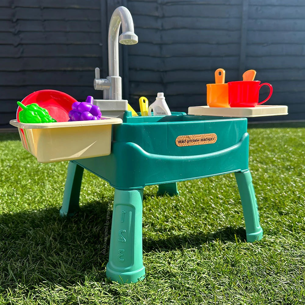 Kids interactive play sink with running water, perfect for indoor pretend kitchen fun & outdoor water play for toddlers.
