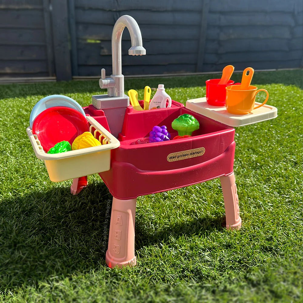 Toddler play sink set with accessories, promoting educational pretend play for children both indoors and outdoors.