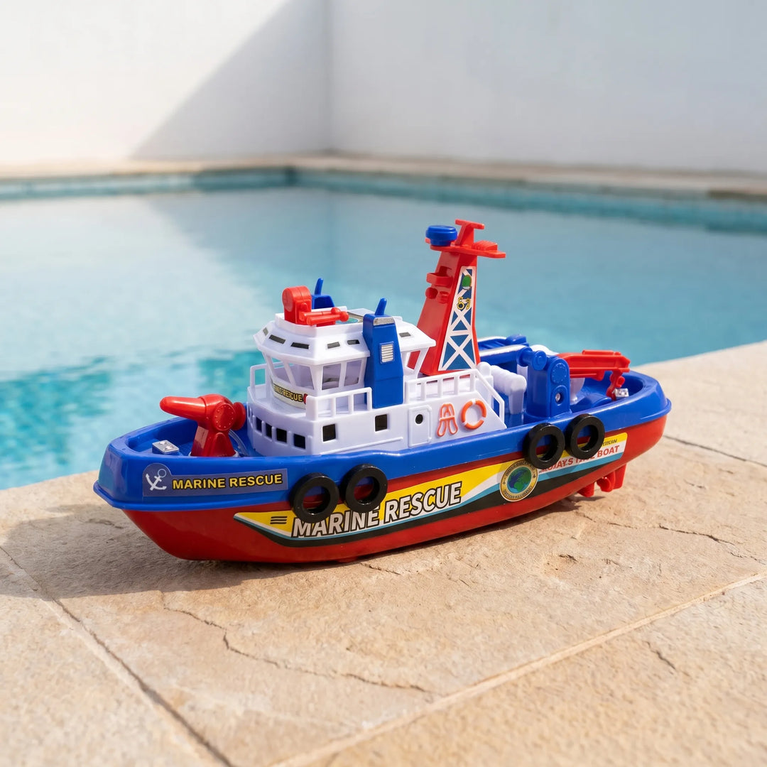 Kids' interactive water spraying fireboat bath toy, perfect for fun bath times & imaginative rescue play.