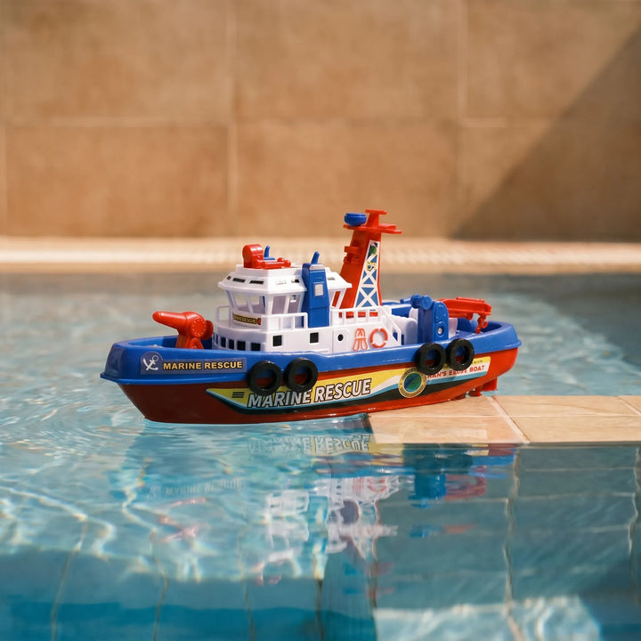 Motorized fireboat bath toy for kids, sprays water for exciting rescue missions in the tub or pool. Interactive fun.
