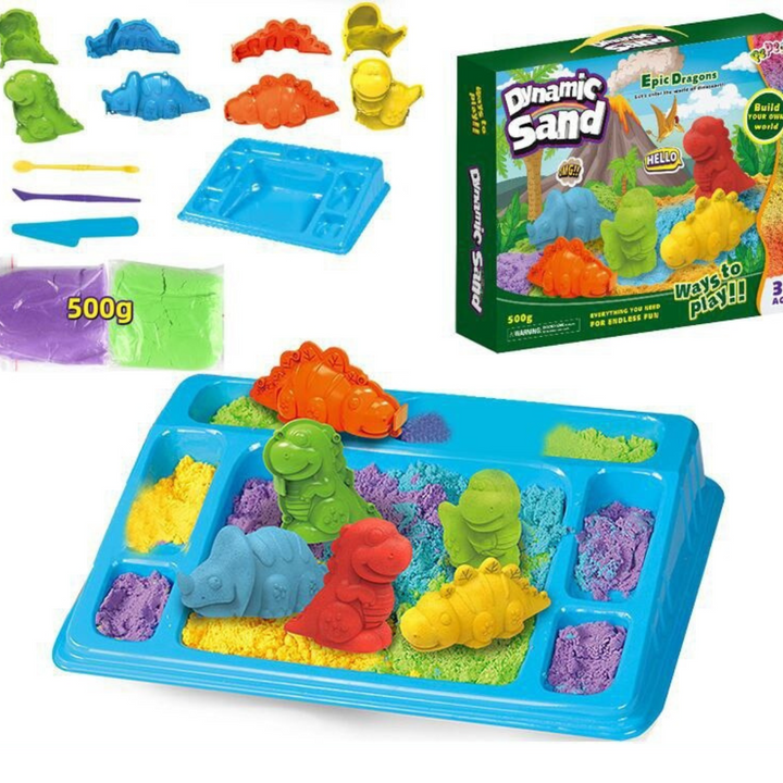 Children's CreativeSand Play Set with dinosaur molds & tools for prehistoric themed sensory fun.