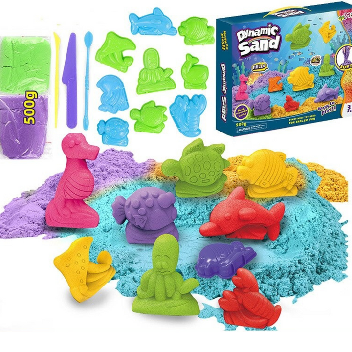 Kinetic Sand Play Set featuring marine animal molds & tools for ocean-themed creative play.