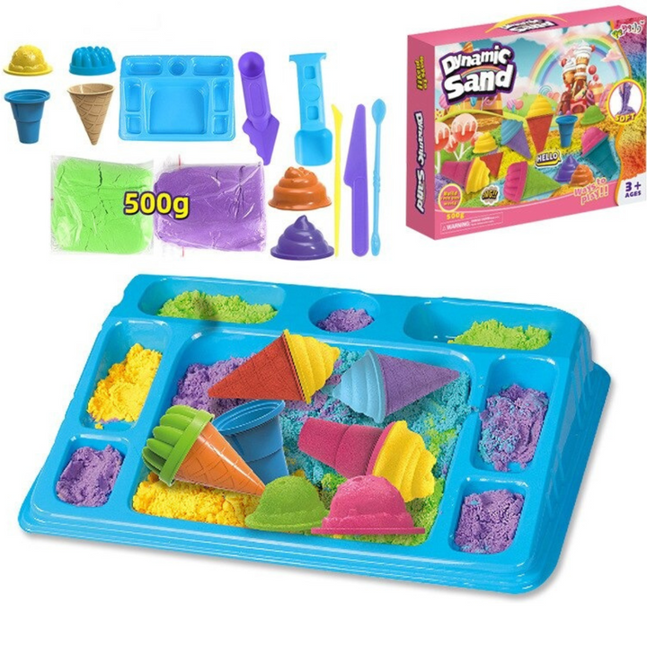Kids playing with Kinetic Sand, molding dinosaur and marine animal shapes. Developmental toy.