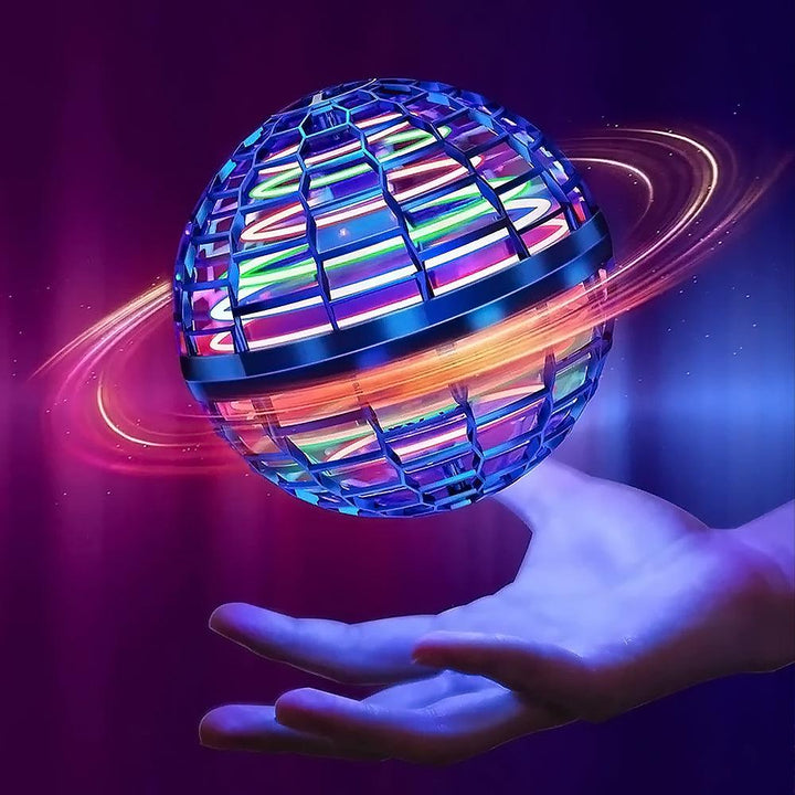 Child happily playing with a colorful LED Boomerang Orb, demonstrating its flying and boomerang return.