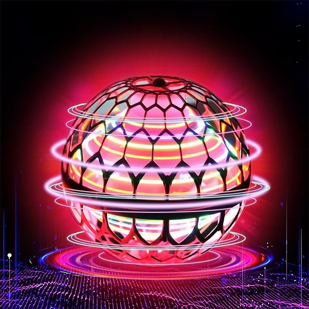 Close-up of the glowing LED Boomerang Orb Flying Toy Sphere, showcasing its vibrant lights.