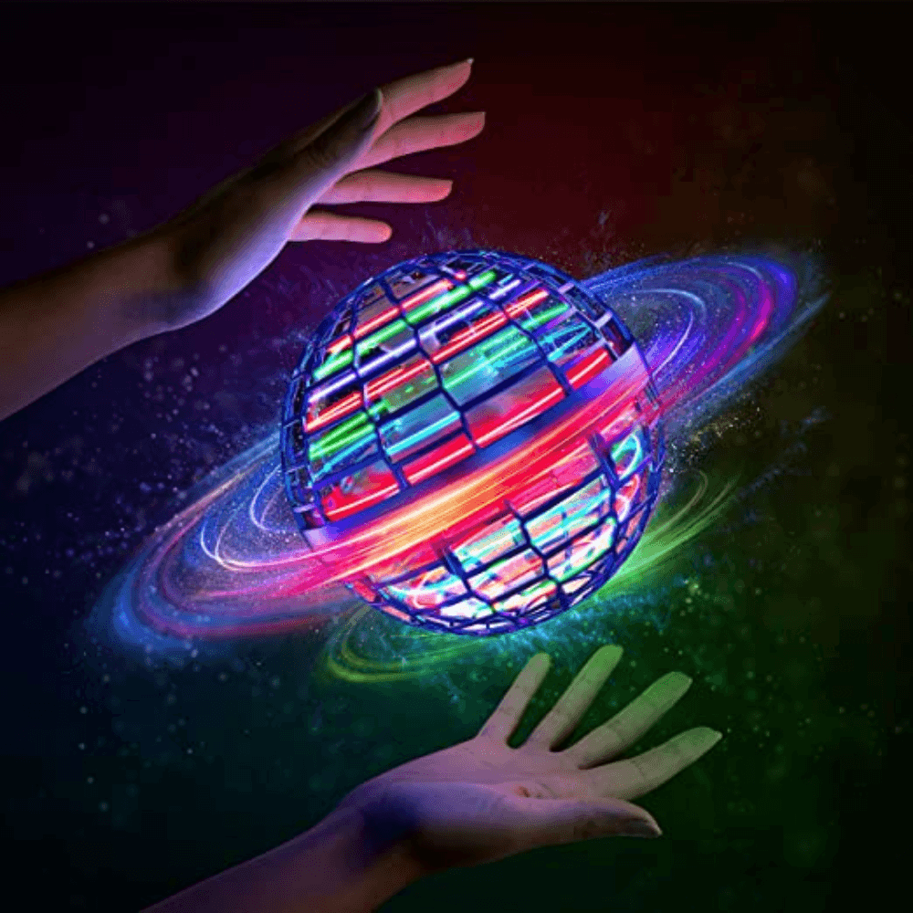 Dynamic shot of the Boomerang Orb LED flying toy sphere, leaving a light trail in low light.