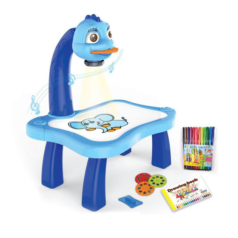 Brightly colored kids' LED drawing projector table. Features music for creative art and tracing activities.