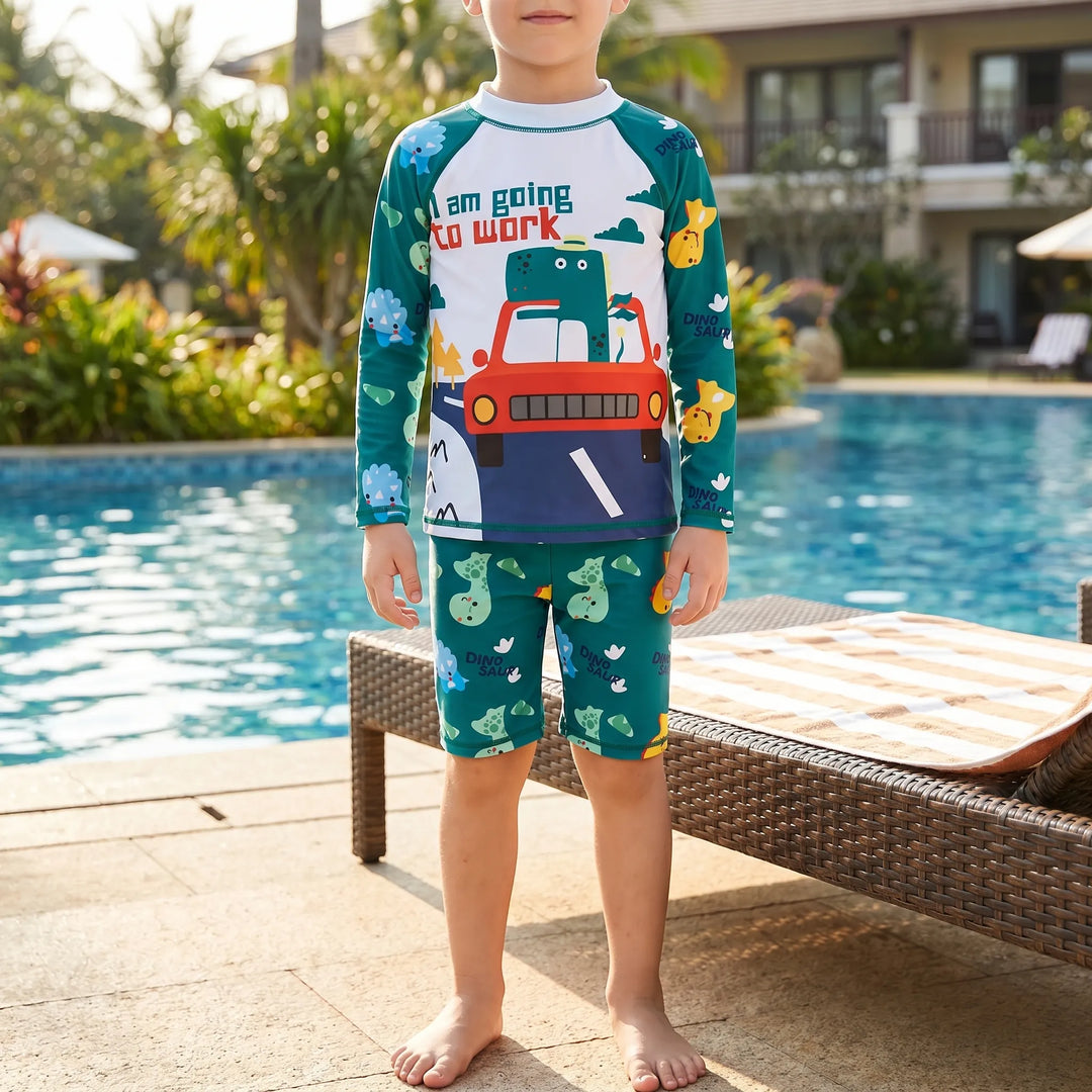 Kids' long sleeve rash guard swimsuit set, offering ultimate sun protection for summer beach days.