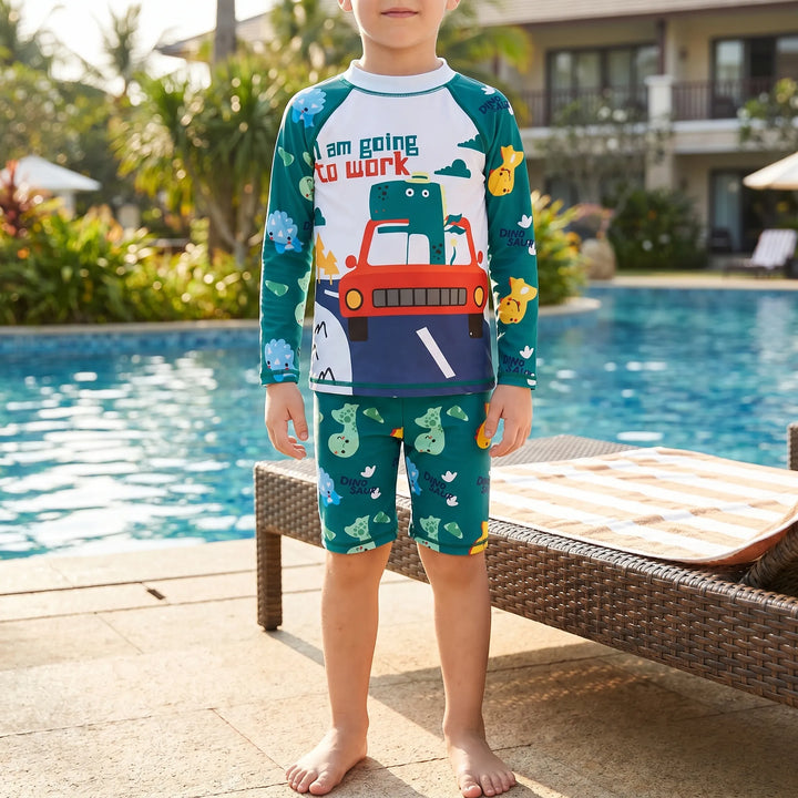 Kids' long sleeve rash guard swimsuit set, offering ultimate sun protection for summer beach days.