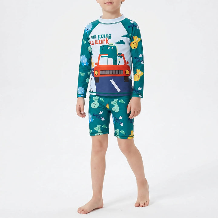 Children's two-piece rash guard and swim shorts set, perfect for UPF 50+ sun protection.