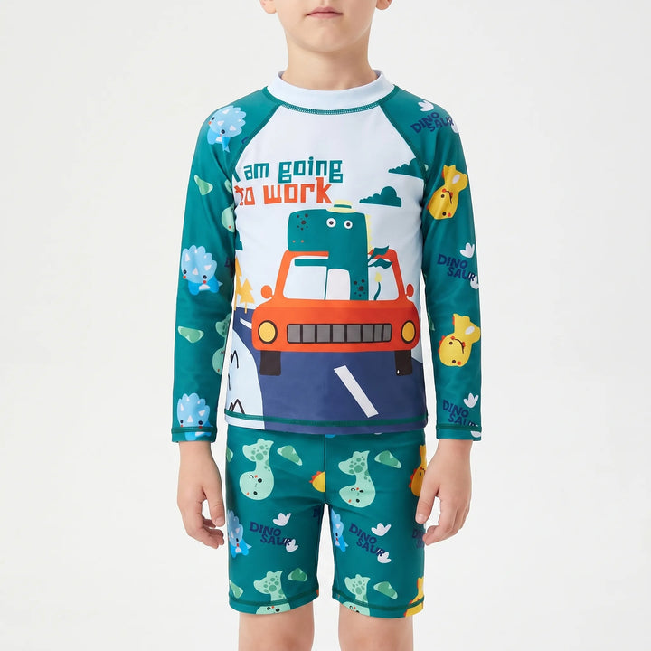 Coordinating swim shorts for kids' rash guard set, comfortable beachwear for summer fun.