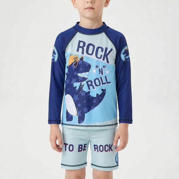 Girls' two-piece long sleeve rash guard swimsuit, ideal for sun-safe play at the beach or pool.