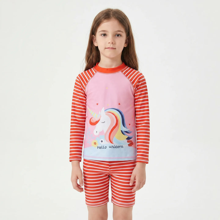 Sun protection kids' swimwear: long sleeve rash guard and swim shorts for comfortable beachwear.