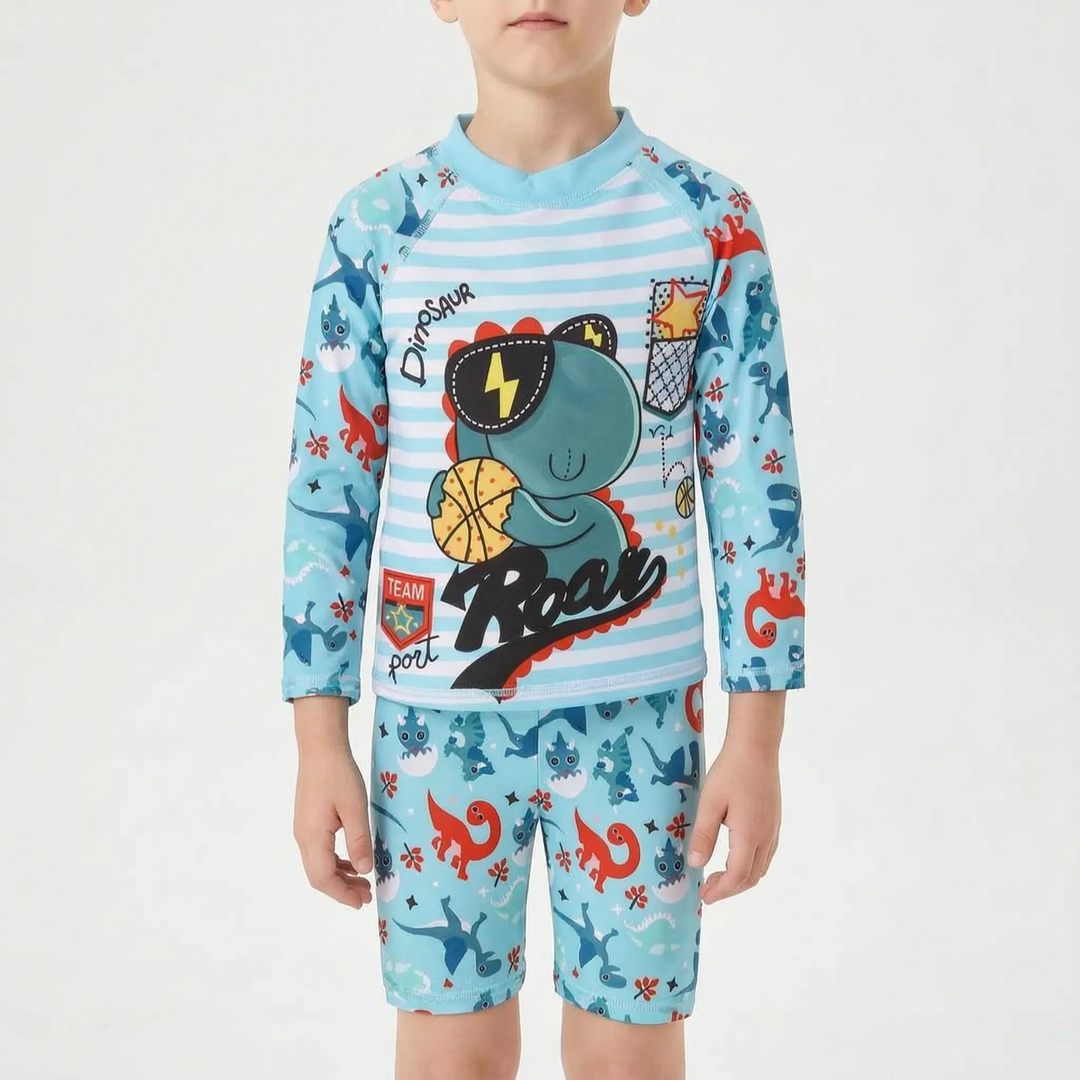 Vibrant kids' long sleeve rash guard and matching swim shorts for summer children's swimwear.