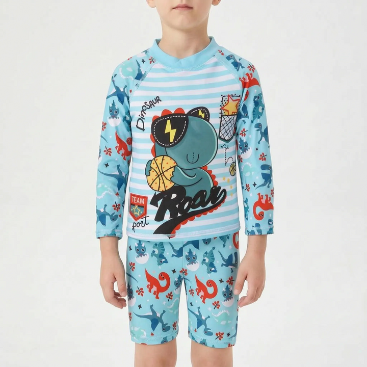 Vibrant kids' long sleeve rash guard and matching swim shorts for summer children's swimwear.