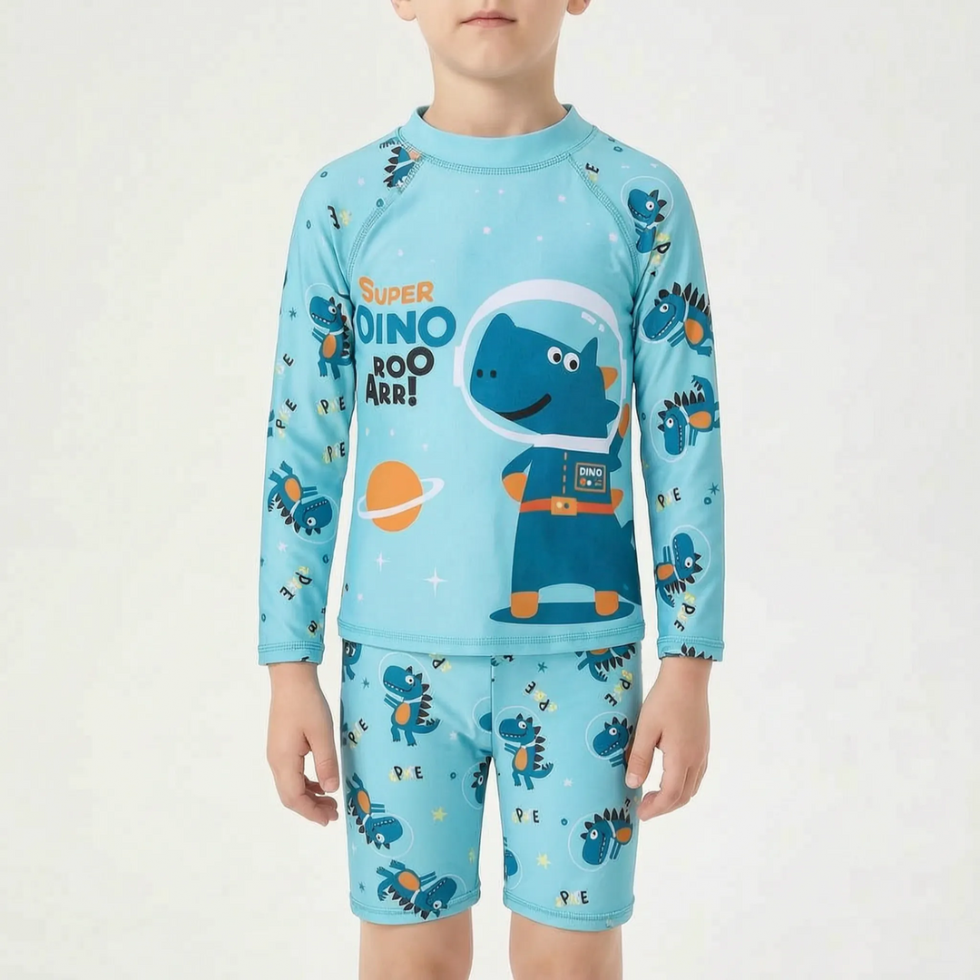 Durable kids' rash guard swimsuit set, designed for excellent sun protection during summer activities.