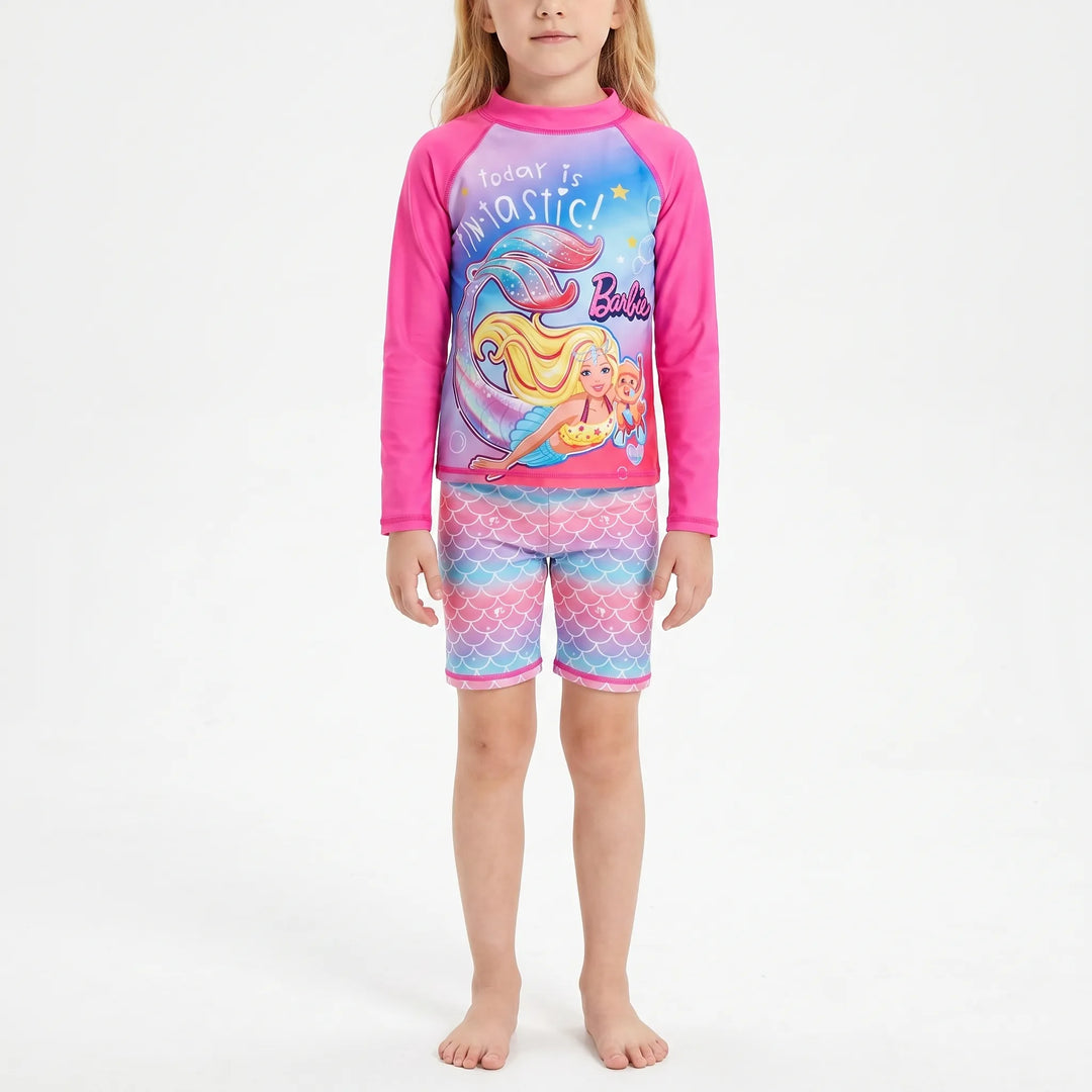 Complete kids' beachwear: long sleeve rash guard and swim shorts for ultimate sun protection.