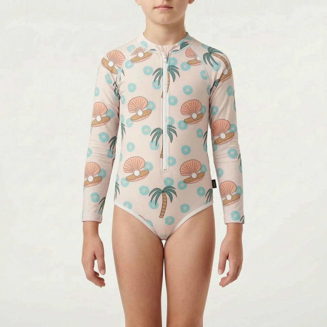 Long-sleeved kids' one-piece swimsuit. Essential sun protection swimwear for toddler & youth.
