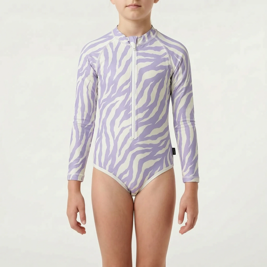 Sun-safe kids' long-sleeve swimsuit. One-piece beachwear ensuring protection during pool or beach play.