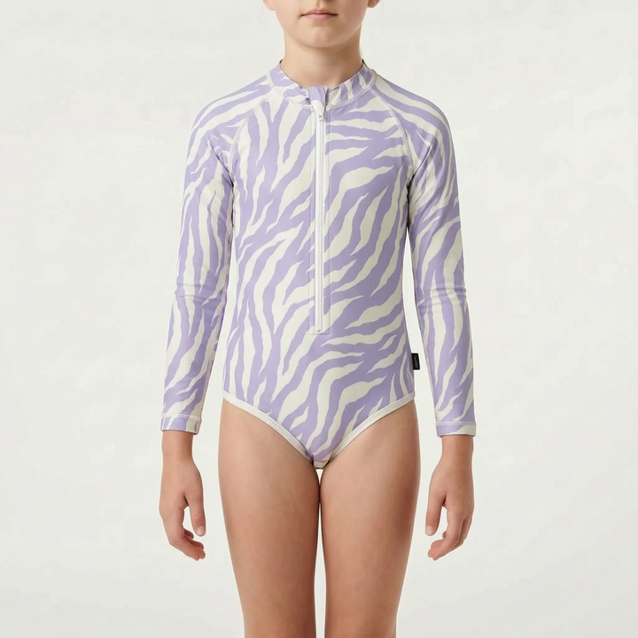 Sun-safe kids' long-sleeve swimsuit. One-piece beachwear ensuring protection during pool or beach play.