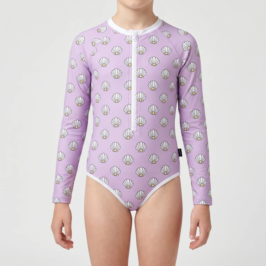 Toddler long sleeve one-piece swimsuit. Quick-dry sun protection for active play at beach or pool.