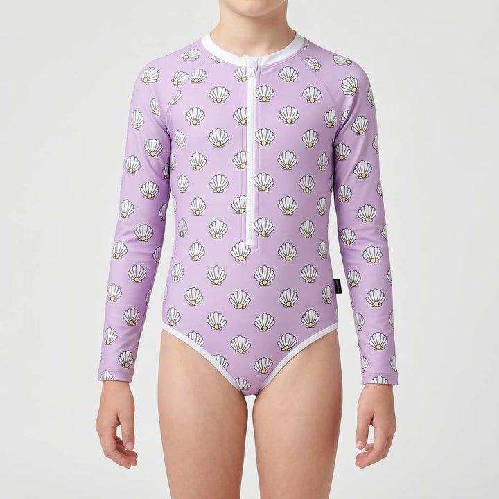 Toddler long sleeve one-piece swimsuit. Quick-dry sun protection for active play at beach or pool.