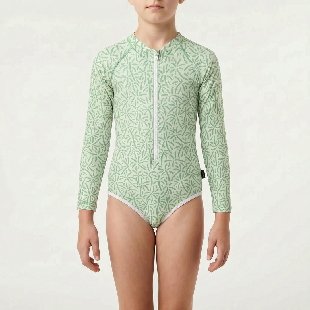 Kids' activewear long-sleeve swimsuit. One-piece children's swimwear for pool, beach, & sun protection.
