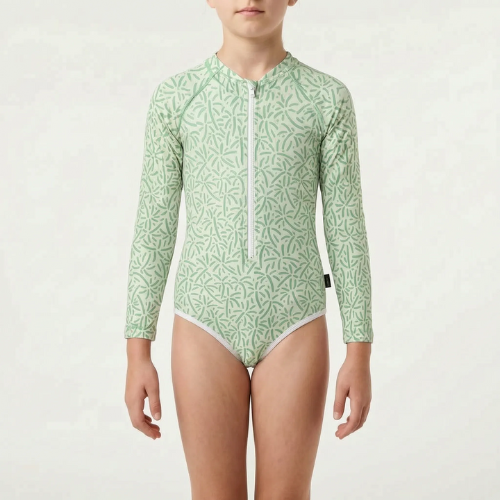 Kids' activewear long-sleeve swimsuit. One-piece children's swimwear for pool, beach, & sun protection.