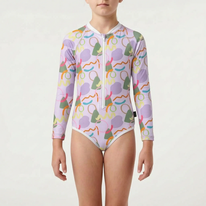 Comfortable kids' long-sleeve one-piece swimsuit. Quick-dry fabric for sun protection & play.